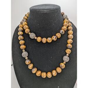 Huge Tigers Eye Faceted Bead Necklace With Silver Tone Stations Toggle Clasp 40"